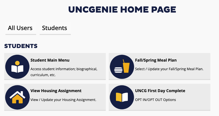 Screenshot of current student view of the UNCGenie Home Page.