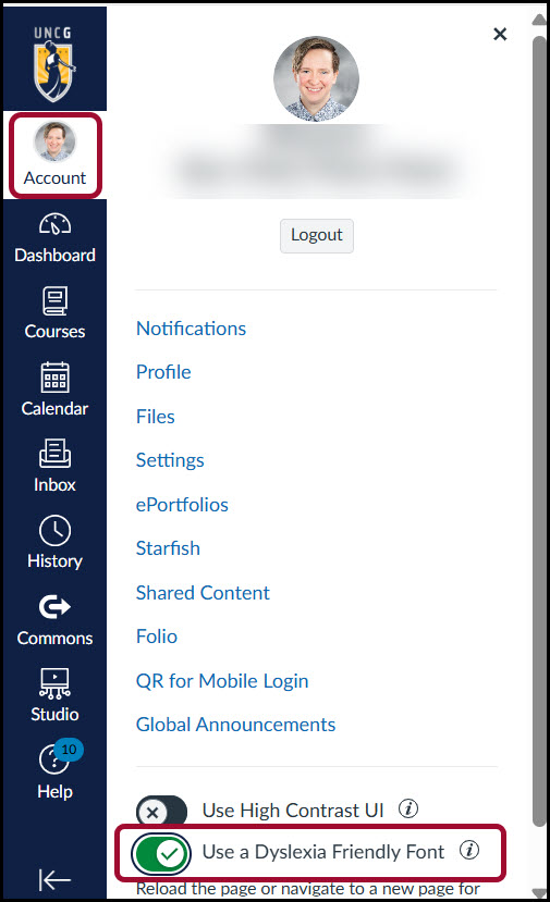 Canvas Account settings panel with the “Use a Dyslexia Friendly Font” toggle switched on.