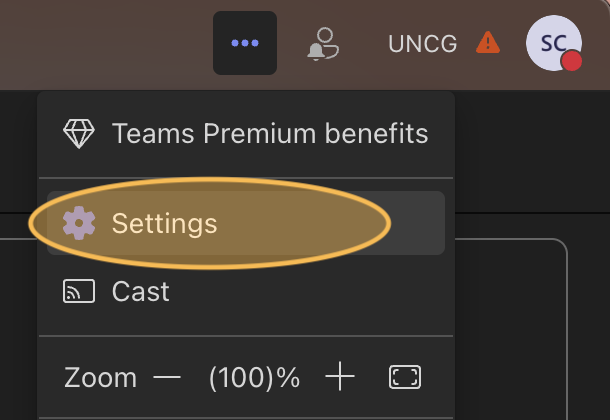 Screenshot of settings menu item highlighted