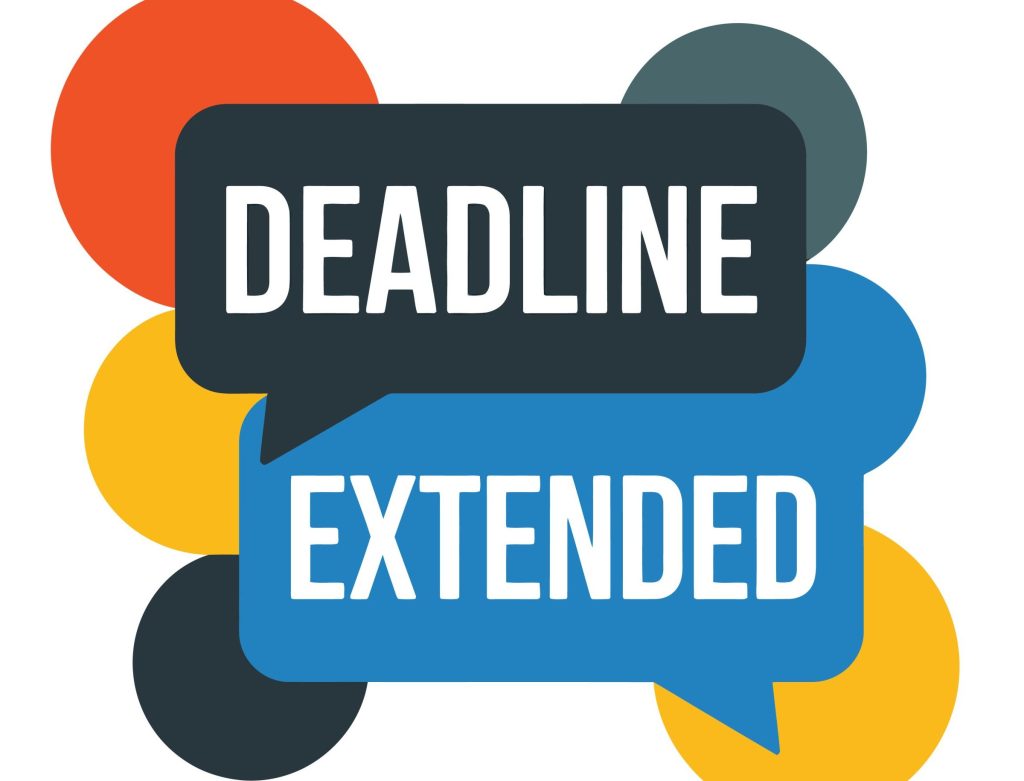 Graphic with overlapping speech bubbles reading “Deadline Extended” in bold text.