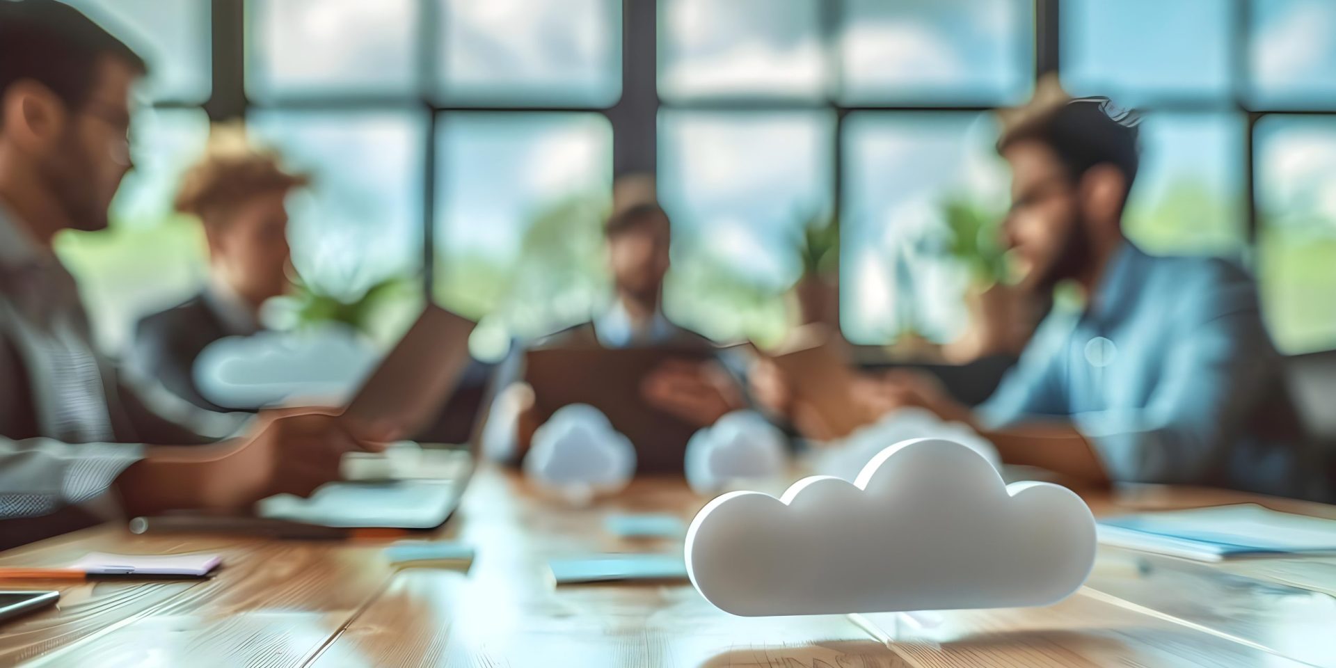 A group of professionals sit around a table in a modern office, working on laptops during a meeting, with stylized cloud icons placed on the table in the foreground, symbolizing cloud computing or collaboration.