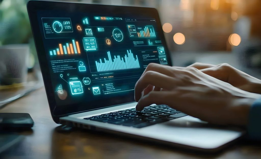 Business intelligence chart display on laptop with hands image