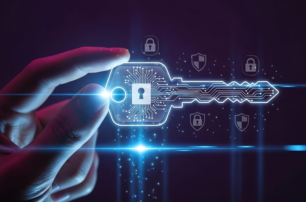 A hand holds a glowing digital key with a padlock symbol, representing secure digital identity and access.