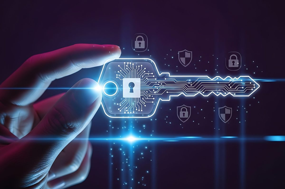A hand holds a glowing digital key with a padlock symbol, representing secure digital identity and access.