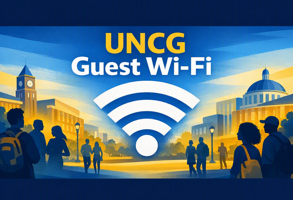 Illustration of the UNCG campus with a Wi-Fi symbol and the words “UNCG Guest Wi-Fi.”