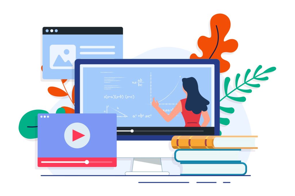 Illustration of an online lesson displayed on a computer with a video player and books.