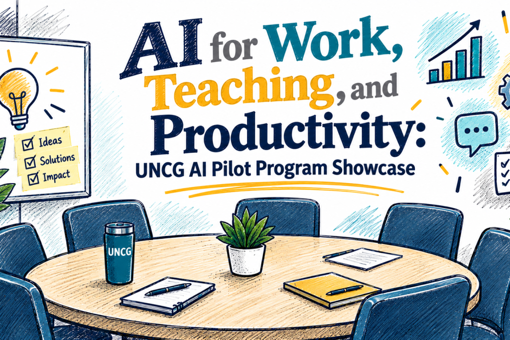 Illustration promoting the UNCG AI Pilot Program Showcase, titled “AI for Work, Teaching, and Productivity,” with a conference table and icons representing ideas, collaboration, and technology.